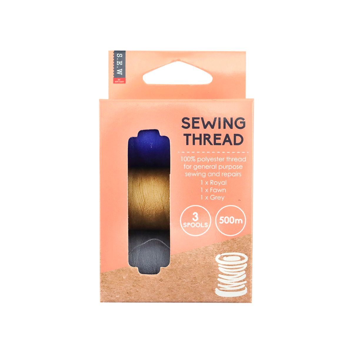 SEW Thread Pack 500m x 3, Royal Blue, Fawn & Grey
