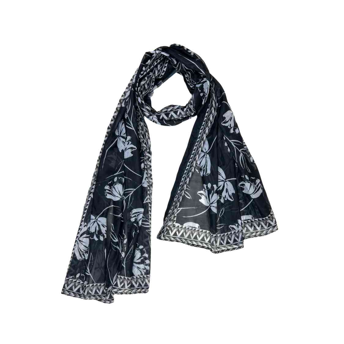 Tissue Silk Scarf, Black And White Flower Pattern