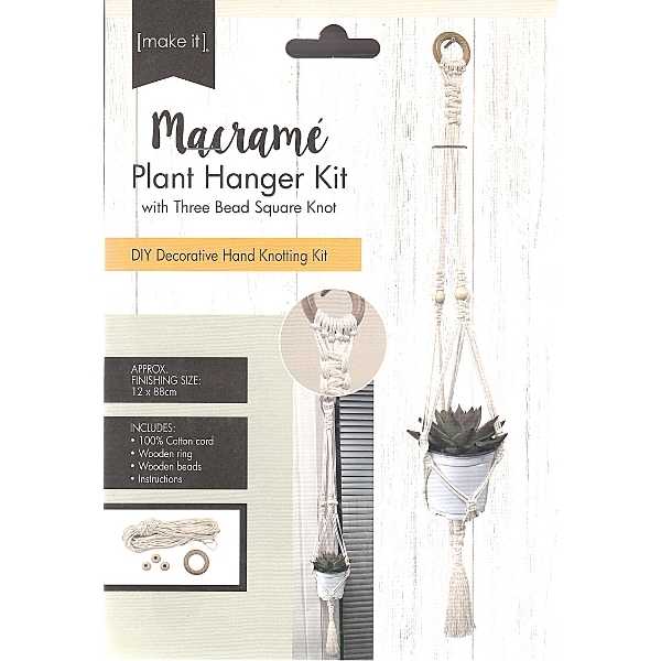 Macrame Plant Hanger Kit, Thee Bead Square Knot - Cream
