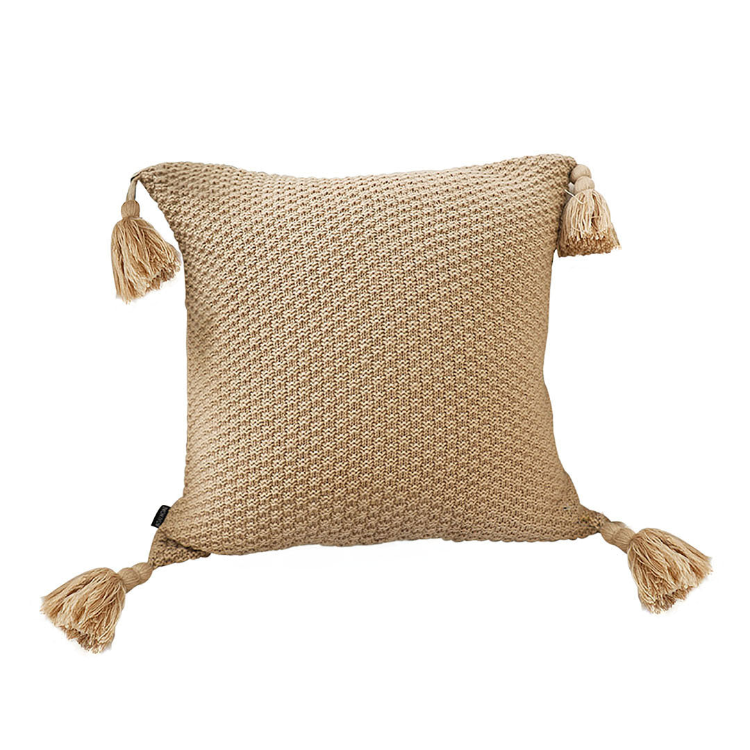 Light Brown Pillow with Tassel Accents, Rizzy Transitional Cushion, 50cm