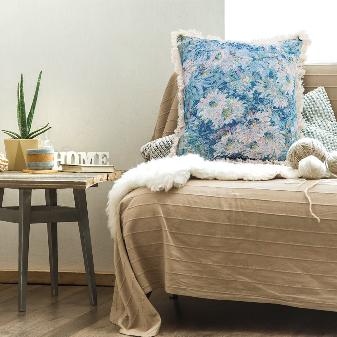 blue square flower cushion