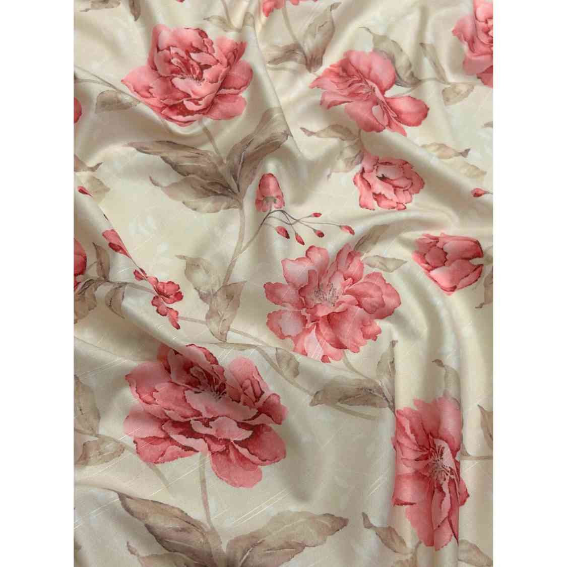 Printed Raw Silk Fabric Rose Pink &amp; Cream