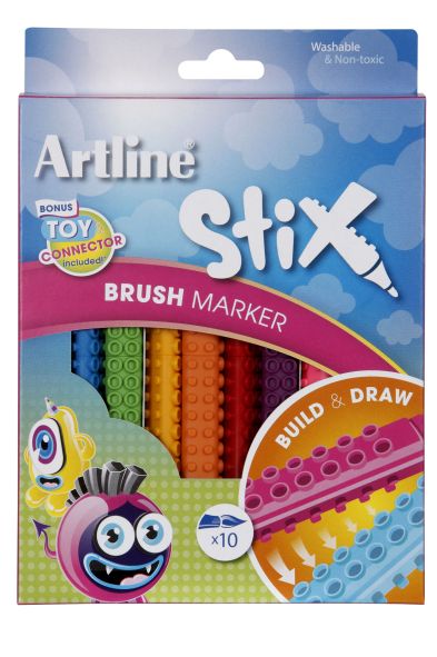 Artline Stix Brush Markers - Pack of 10 Washable non-toxic ink
