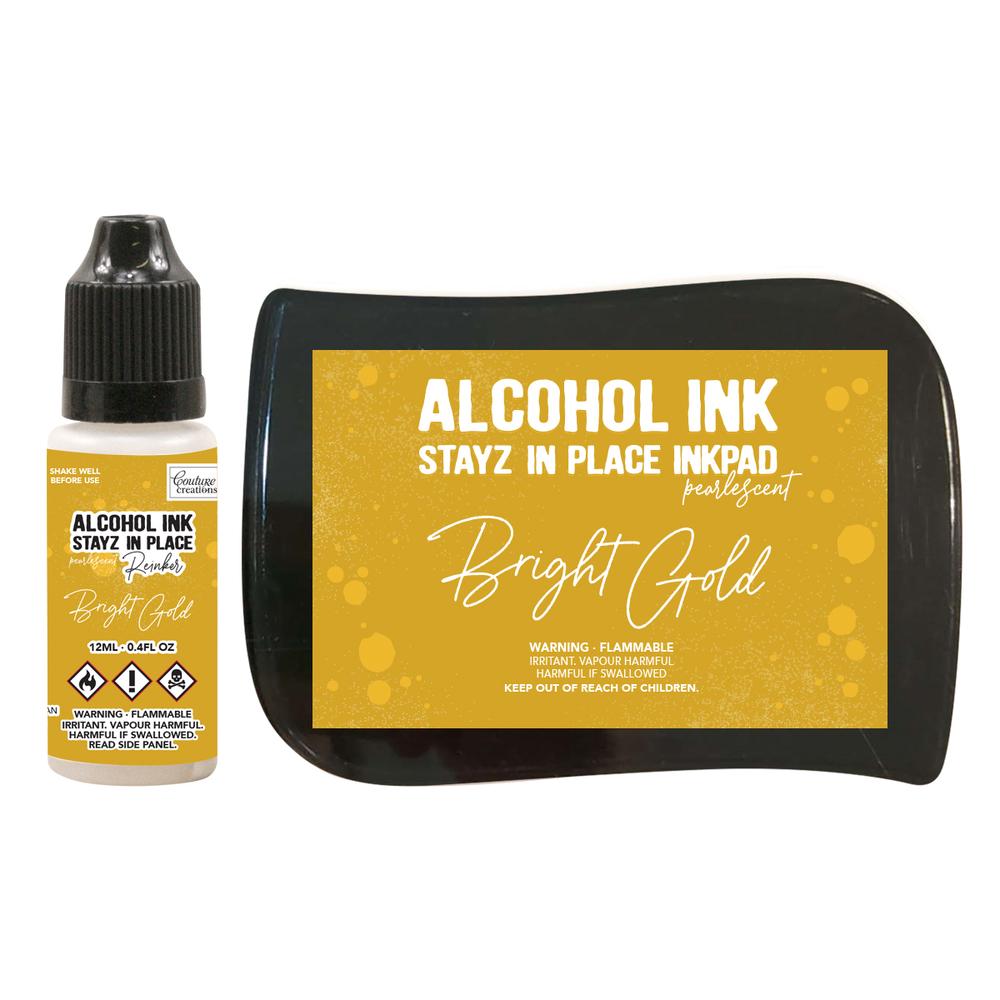 Couture Creations Stayz In Place Bright Gold Pearlescent Alcohol Ink Pad with 12ml Re inker